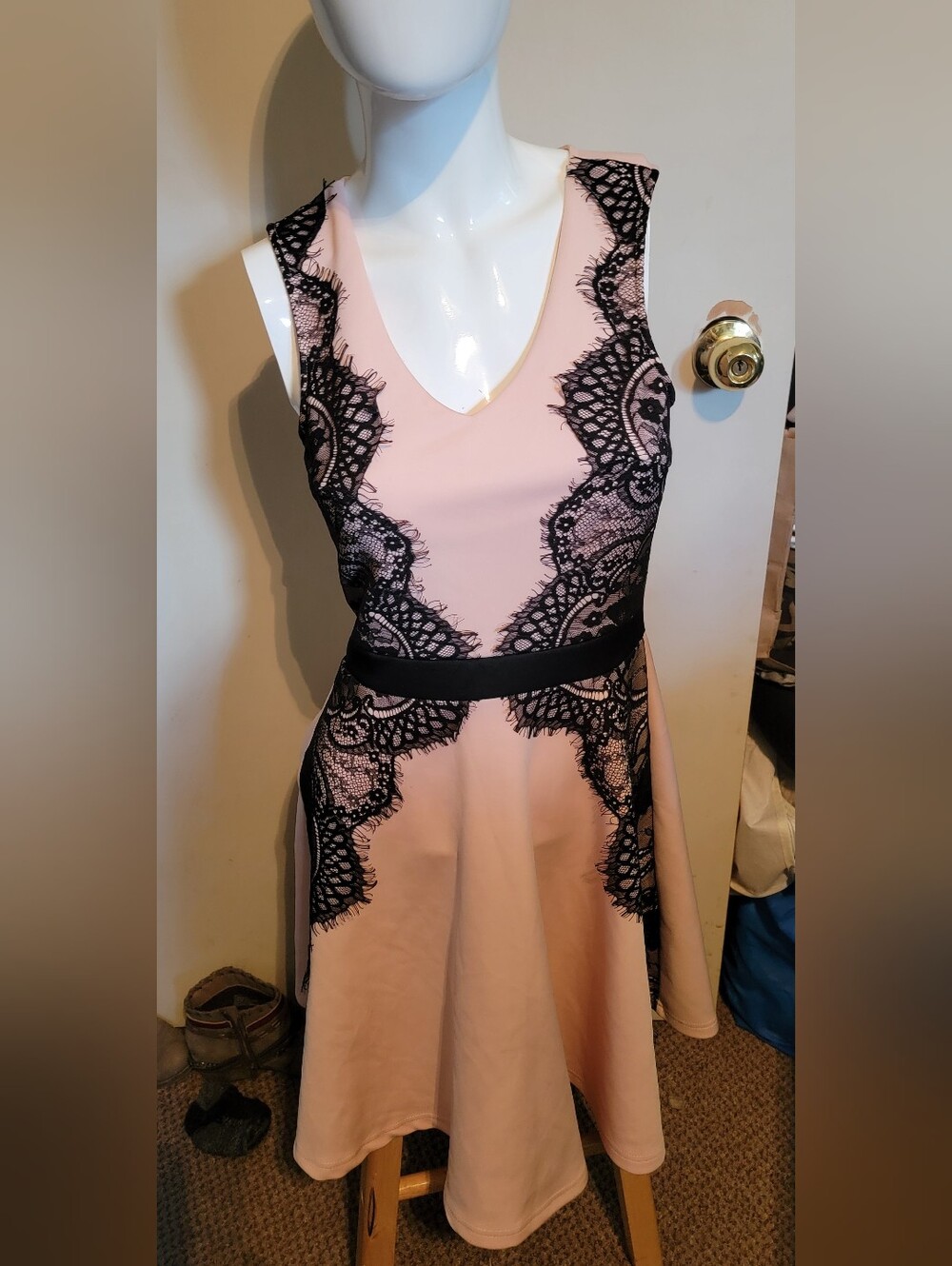 Parisian Works Pink Dress with Black Lace Trim